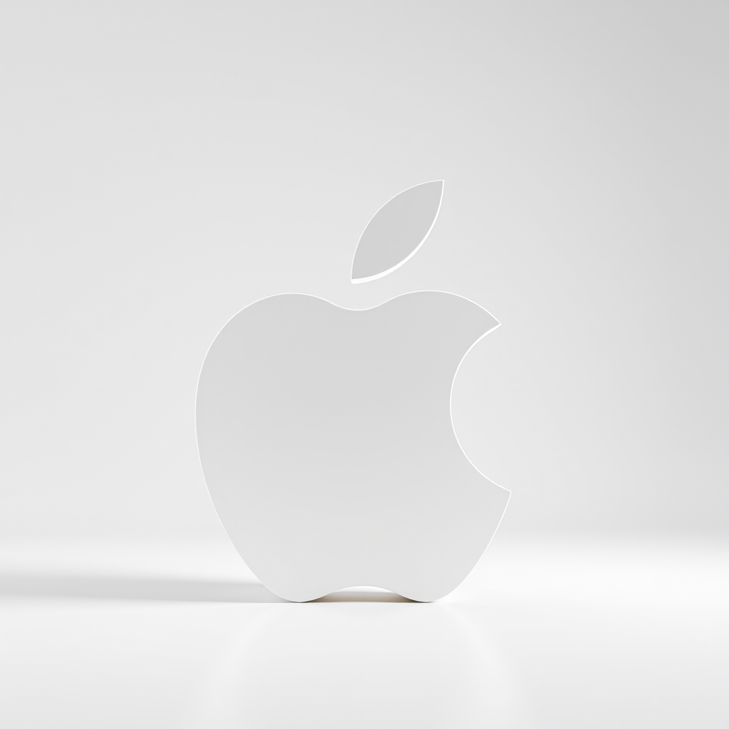 Create a highly detailed 3D rendering of a stylized apple logo with a bite taken out, set against a clean white background, using a Canon EOS R5 camera with a 50mm f/1.2 lens, aperture set to f/2.8, ISO 100, and a soft box lighting setup to enhance reflections and shadows for depth.