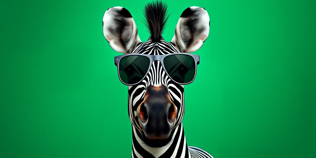 Create a digital illustration of a zebra wearing stylish sunglasses against a vibrant green textured background, using a wide-angle lens with a shallow depth of field, shot at f/2.8, ISO 100, and 1/250s exposure on a DSLR camera for enhanced image quality.
