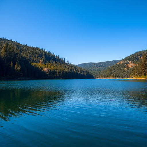 Create a high-resolution image of a tranquil landscape featuring a serene lake surrounded by lush green forests under a clear blue sky, captured using a Canon EOS 5D Mark IV with an aperture of f/8, a shutter speed of 1/125 seconds, and an ISO of 100, in landscape orientation with a wide-angle lens.