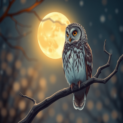 A highly detailed illustration of an owl perched on a twisted branch under a full moon, captured with a DSLR camera, aperture f/4, ISO 100, 50mm lens, in sharp focus with a bokeh background for depth.