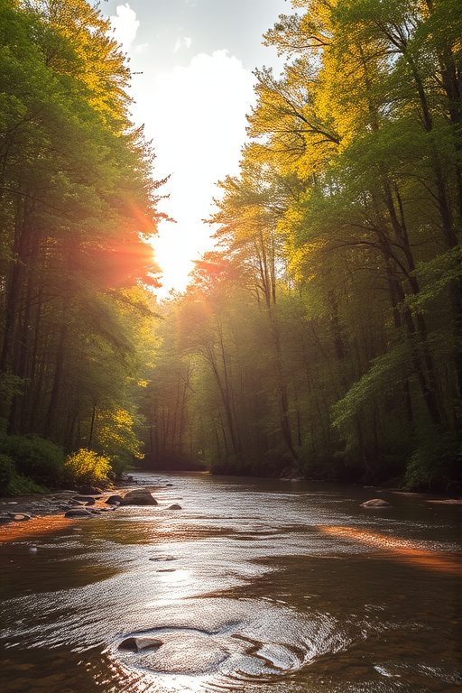 Create an image of a serene, sunlit forest scene with a clear, gently flowing river. Tall trees with lush green foliage line both sides of the river, their leaves bathed in the warm golden light of the setting or rising sun. The sunlight filters through the trees, casting soft, dappled light on the river, which flows over smooth rocks and pebbles, creating a peaceful, natural atmosphere. The sky is bright with a few scattered clouds, and the overall mood is tranquil, evoking a deep sense of connection with nature. The image captures the beauty of a calm, pristine forest landscape at either dawn or dusk.
