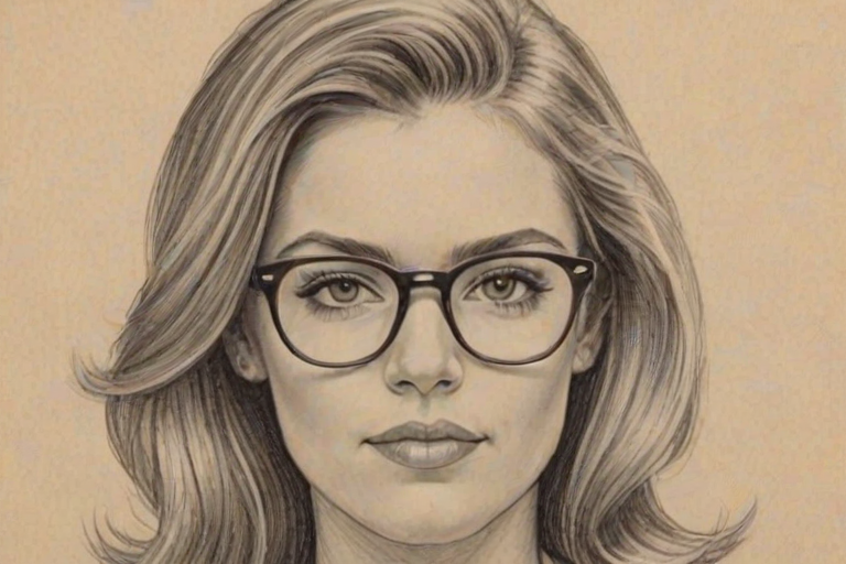 Lovely Samantha Ponder, pencil sketch, portrait of Pleasing woman 1943s in glasses, hair style beatnik, outline, clear lines, fine lines, 8k