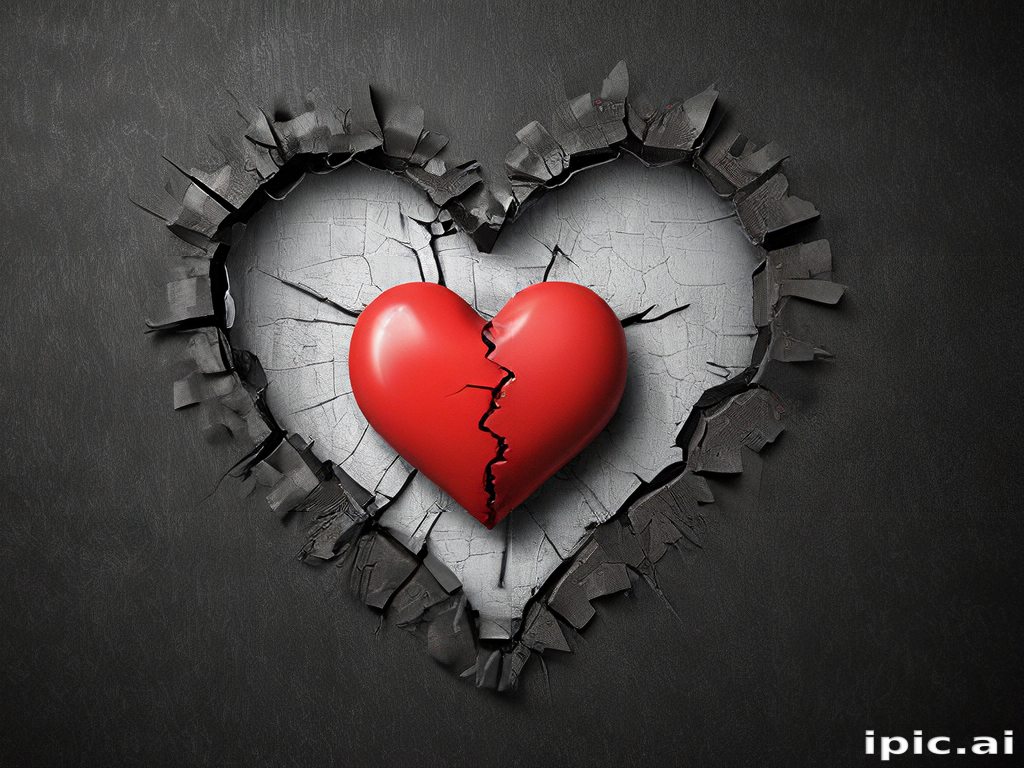 Shattered Heart Breaking Through a Cracked Wall Symbolizing Emotional Pain