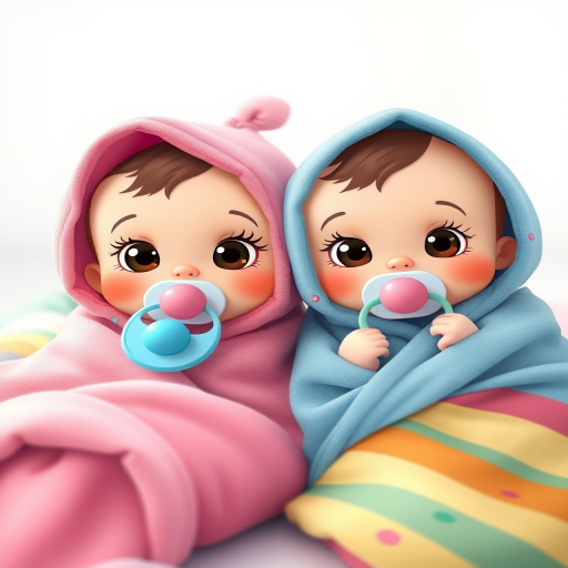 Create a digital illustration of two cartoonish babies wrapped in colorful swaddles, one pink and one blue, with big round eyes and pacifiers, using a soft pastel color palette, in a bright and cheerful setting, captured with a 50mm lens, f/2.8 aperture, shot at eye level with a shallow depth of field for focus on the babies, using a DSLR camera.