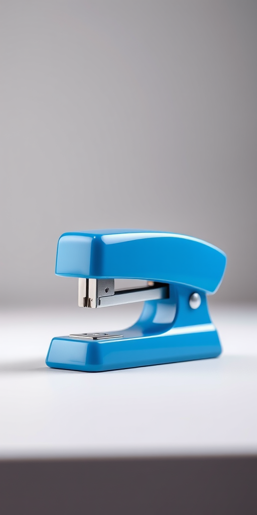 Create a highly detailed 3D illustration of a blue stapler, positioned at a 45-degree angle, with a shallow depth of field, soft studio lighting, and a blurred background to enhance focus on the stapler, using a digital camera with a 50mm lens at f/2.8, ISO 100, and shutter speed 1/160 sec.