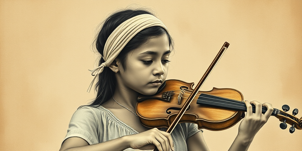 a young Tahitian woman with a white headband playing a violin, in the style of a charcoal drawing, sepia grunge background