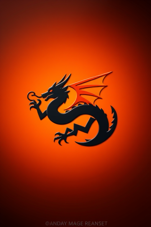 Create a high-resolution image of a stylized dragon logo featuring black and orange colors on a gradient background, captured with a DSLR camera at f/2.8, ISO 100, 50mm lens, shot in a macro view to emphasize details and enhance image quality.