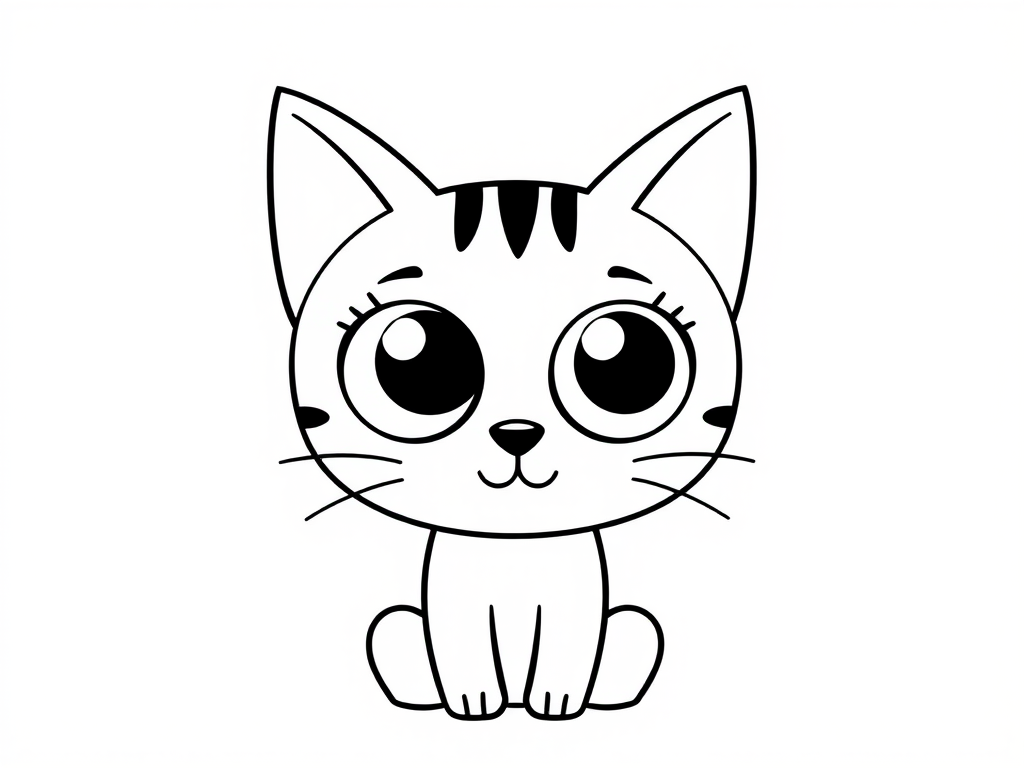 Create a simple black and white illustration of a cartoon cat with large round eyes and prominent ears the cat should have a minimalist design and a friendly expression the background should be plain white