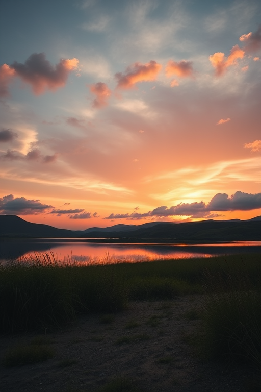 Generate a high-resolution image of a serene landscape at sunrise with soft clouds and a calm lake reflecting the colors, shot with a Canon EOS R5 at 24mm f/4, ISO 100, under natural lighting conditions.