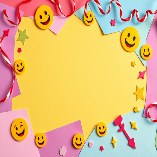 Create a vibrant, playful digital collage featuring a whimsical background with textured paper layers, cheerful emojis scattered throughout, and festive decorations like ribbons and arrows, captured with a DSLR camera at f/2.8 aperture, ISO 100, and a 50mm lens, using a top-down perspective for a dynamic composition.