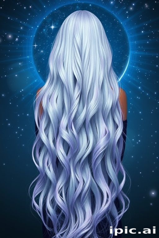 Ethereal Moonlight Goddess Locks flowing down to ankle-length, featuring a mesmerizing gradient of silver, pale blue, and lavender tones reminiscent of a starry night sky