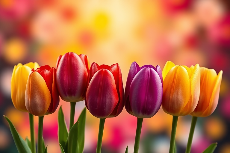 Generate a vibrant image of six tulips in yellow, red, purple, and orange, arranged in a row against a blurred colorful background, taken with a DSLR camera at f/2.8, 50mm lens, ISO 100, and a 1/200s shutter speed, using a macro style to enhance detail and texture.