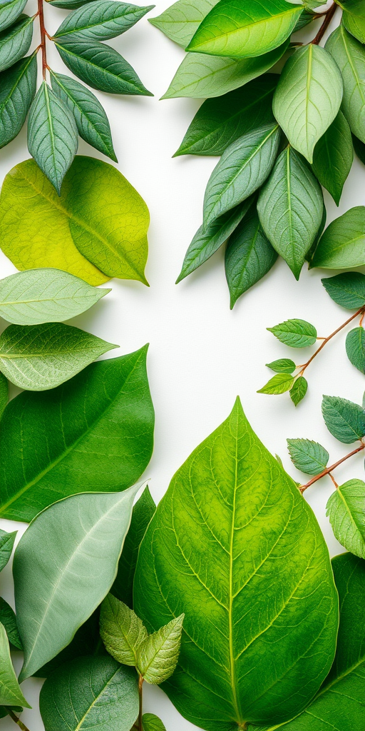 Create a high-resolution watercolor illustration of various green leaves arranged artistically, using a Canon EOS R5 with a 50mm lens, f/2.8 aperture, ISO 100, 1/125 shutter speed, soft natural lighting, and a slight bokeh effect in the background.