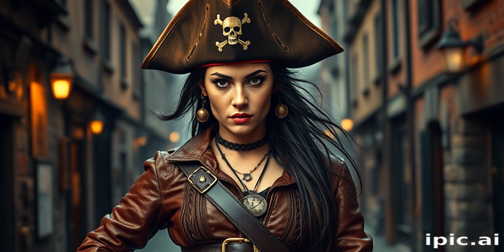 Create a portrait of a fierce female pirate. She wears a leather tricorn hat adorned with a skull and crossbones emblem, and her long, dark hair flows around her face. Her outfit consists of a richly detailed leather jacket, a corset, and multiple layers of belts and accessories, giving her a formidable and stylish appearance. She stands confidently in a dimly lit, historic port town, with a backdrop of weathered buildings and cobblestone streets, capturing the adventurous spirit of a pirate.