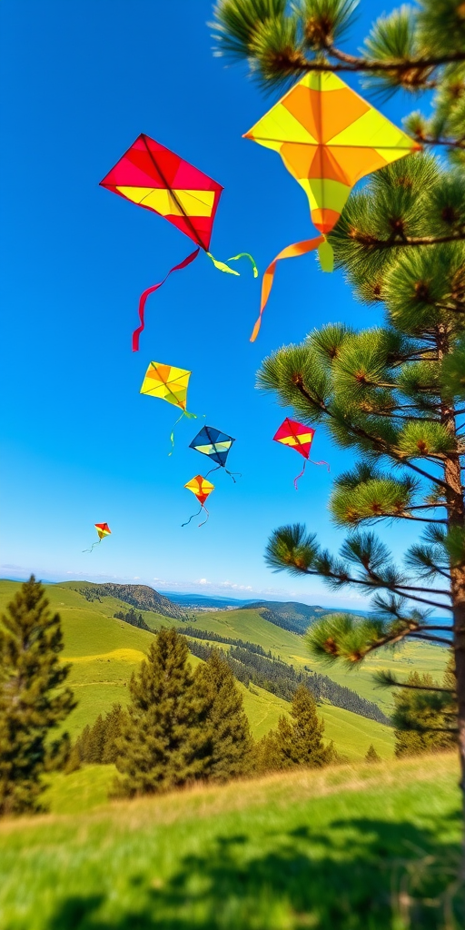 Create a vibrant outdoor scene featuring colorful kites flying in a clear blue sky above rolling green hills, surrounded by lush pine trees, captured with a DSLR camera, aperture f/8, ISO 100, 24mm lens, and a slight tilt-shift effect for enhanced depth.