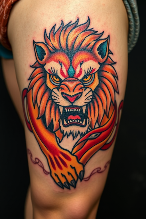 Vibrant neo-traditional tattoo of a fierce lion on the thigh, featuring bold outlines, saturated colors, and stylized elements, blending classic and modern tattooing techniques