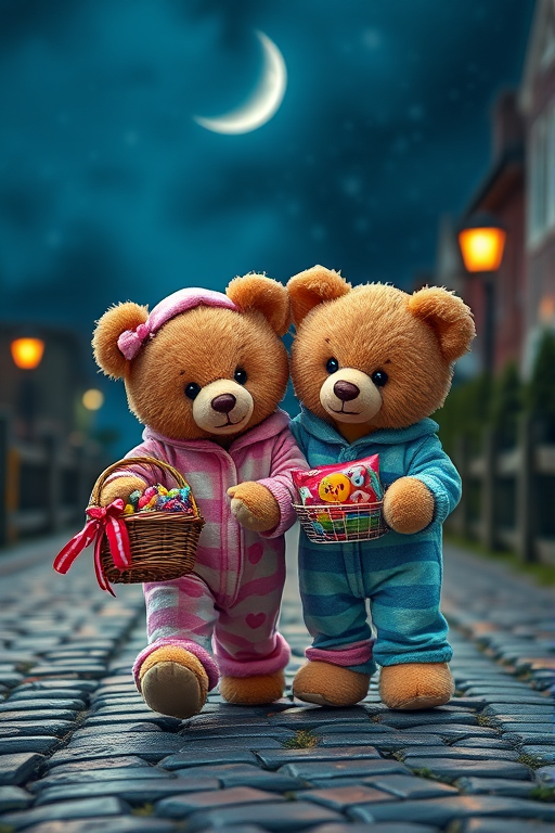 Two cute teddy bears wearing colorful pajamas, one holding a basket of candy, walking together on a cobblestone path under a night sky with a crescent moon, shot with a Canon EOS R5, aperture f/2.8, ISO 200, 24mm lens, soft focus, and high dynamic range.
