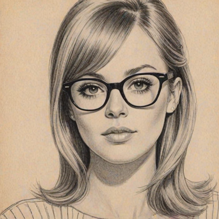 Sublime Andrea Bowen, pencil sketch, portrait of Alluring woman 1960s in glasses, hair style beatnik, outline, clear lines, fine lines, 8k