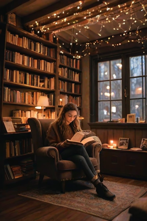 Cozy bookshop with a reading corner, a woman lost in a novel on a plush armchair, fairy lights twinkling overhead, and the scent of coffee wafting through the air.