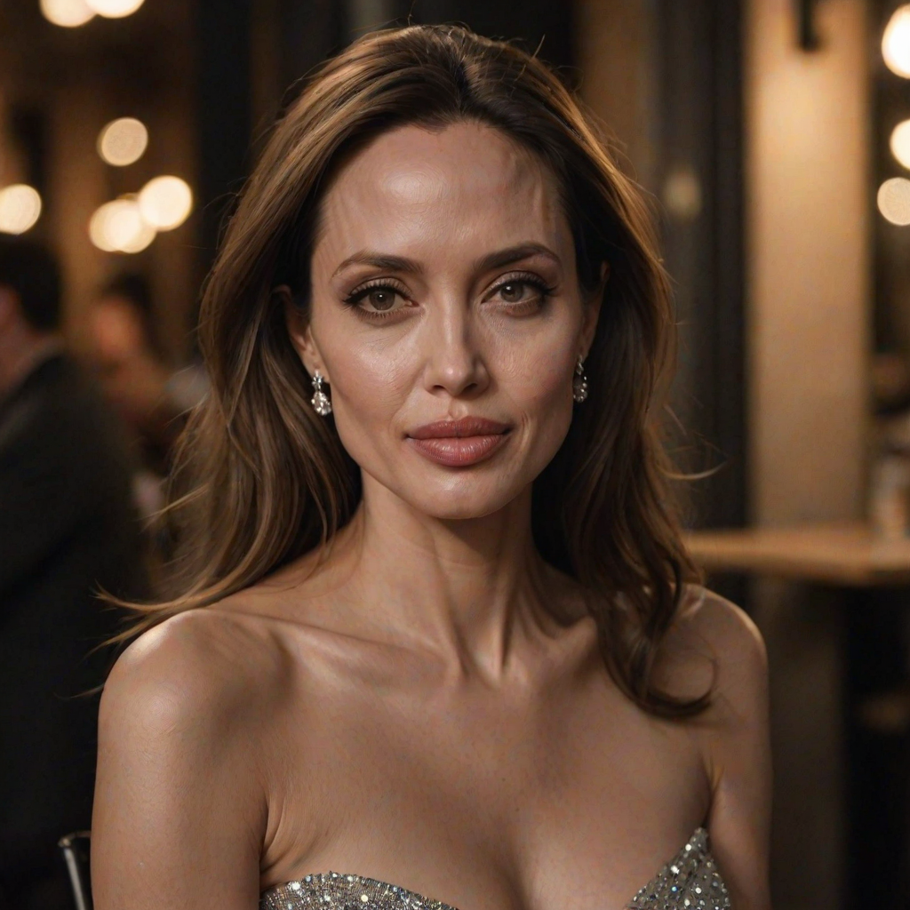 photo of [woman:angelina jolie:0.2], highlight hair, sitting outside restaurant, wearing dress, rim lighting, studio lighting, looking at the camera, dslr, ultra quality, sharp focus, tack sharp, dof, film grain, Fujifilm XT3, crystal clear, 8K UHD, highly detailed glossy eyes, high detailed skin, skin pores
