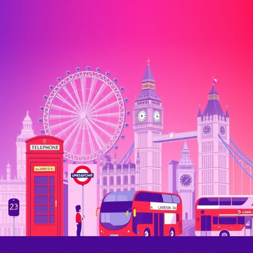 Create a vector illustration of iconic London landmarks including a phone booth, Ferris wheel, Big Ben, London Underground sign, a guard, a double-decker bus, and Tower Bridge, with a gradient purple to pink background, using a Canon EOS R5 with a 50mm lens, f/1.8 aperture, ISO 100, 1/200 sec exposure, shot from a high angle for a modern artistic look.