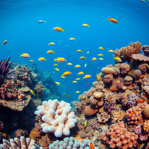 vibrant coral reef scene with various colorful fish swimming among coral formations, underwater perspective, wide-angle view, DSLR camera, f/8 aperture, 1/125 sec shutter speed, ISO 200, natural lighting