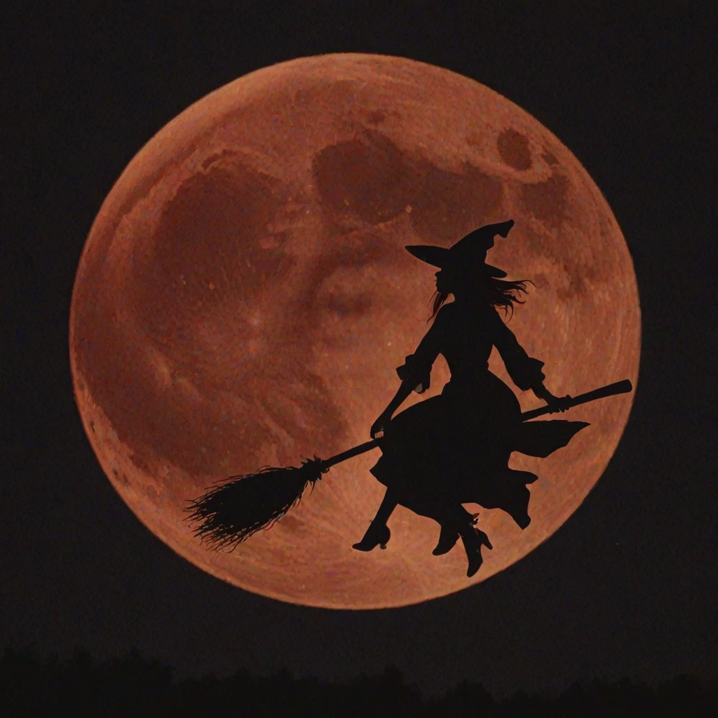 Double exposure, a silouette of a witch on a broomstick centered in the middle of an blood orange full moon.  Any suggestions on getting a good image of a witch on a broomstick centered in the middle of an blood orange full moon.  I tried different generators and changed the wording around.