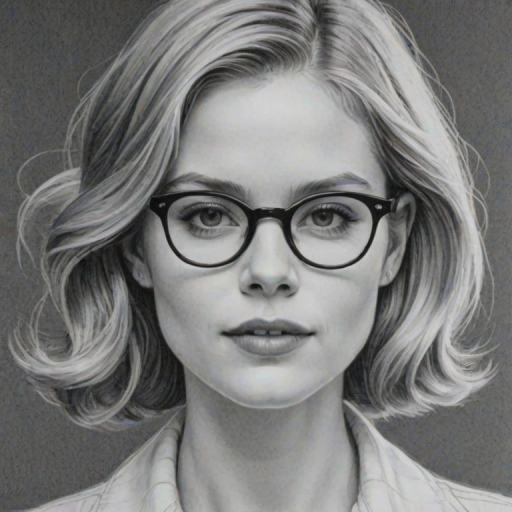 Stunning Erin Moriarty, pencil sketch, portrait of Delightful woman 1931s in glasses, hair style beatnik, outline, clear lines, fine lines, 8k