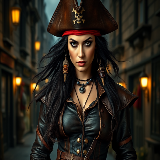 Create a portrait of a fierce female pirate. She wears a leather tricorn hat adorned with a skull and crossbones emblem, and her long, dark hair flows around her face. Her outfit consists of a richly detailed leather jacket, a corset, and multiple layers of belts and accessories, giving her a formidable and stylish appearance. She stands confidently in a dimly lit, historic port town, with a backdrop of weathered buildings and cobblestone streets, capturing the adventurous spirit of a pirate.