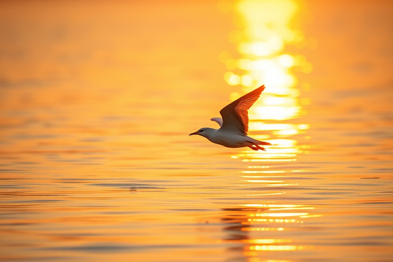 A serene bird gliding on calm water at sunset with golden reflections, shot with a DSLR camera, 50mm lens, aperture f/2.8, ISO 100, 1/200 sec shutter speed, focusing on the bird, shallow depth of field for a blurred background.