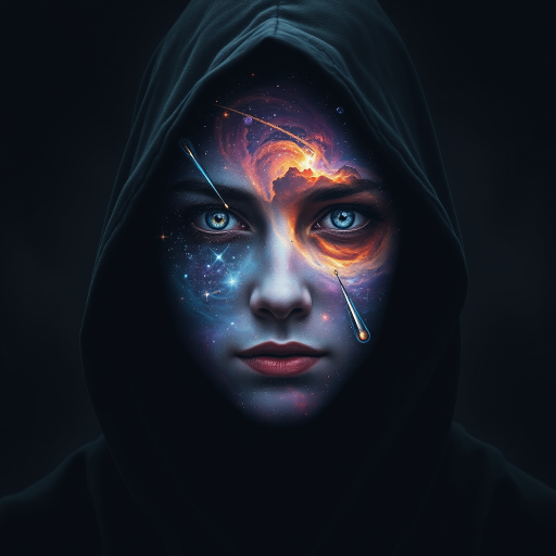 A mysterious hooded figure stands silently, the dark cloak flowing around them like shadows. Beneath the hood, their face is a mesmerizing cosmic scene where swirling galaxies, radiant stars, and vibrant planets form the features. Nebulas drift where eyes should be, glowing softly, while delicate streaks of cosmic energy trace the outlines of a nose and lips. Comets streak across the vastness of their face, and faint constellations pulse with life. The entire visage shifts and evolves as if the universe itself is contained within the figure, giving an ethereal, otherworldly presence to their form.