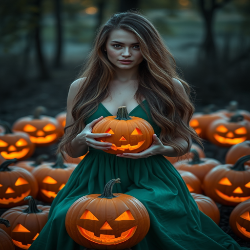 Generate an image of a woman with long, flowing hair wearing a green dress, holding a carved pumpkin, surrounded by glowing jack-o'-lanterns, captured with a Canon EOS R5, 50mm lens, f/1.8, ISO 100, in soft lighting to enhance the warm and whimsical atmosphere.