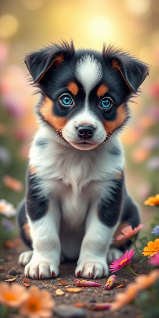 Create a highly detailed digital illustration of an adorable puppy with black and white fur and bright blue eyes, sitting on a path surrounded by colorful flowers and a soft, dreamy bokeh background, using a Canon EOS R5 with a 50mm lens, aperture f/1.8, ISO 100, and soft focus effect.