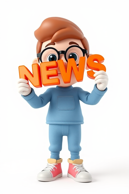 Create a high-resolution 3D rendered image of a cartoon character holding the word NEWS in bold orange letters, using a 50mm lens, f/8 aperture, ISO 100, shot from a low angle perspective with soft studio lighting, in a clean white background.