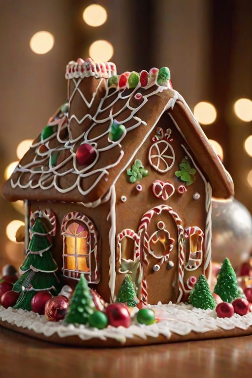 Close-up of a beautifully decorated gingerbread house, soft light highlighting the sugary details, with a few Christmas ornaments scattered nearby.