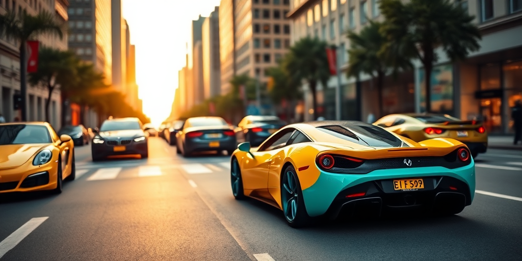 A vibrant city street scene featuring a sleek yellow and turquoise sports car in the foreground, with blurred luxury cars in the background, captured in golden hour light, using a DSLR camera at f/2.8, ISO 100, 50mm lens, shot from a low angle to emphasize the car's design and enhance depth of field.