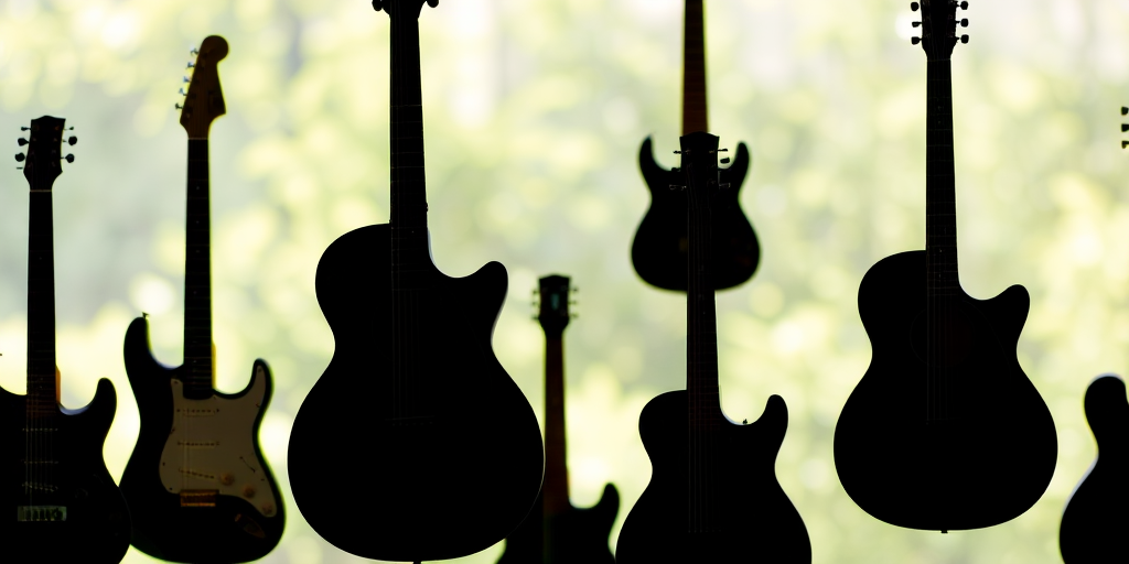 Create a high-resolution image of a variety of guitar silhouettes arranged in a grid format with a soft-focus background, using a DSLR camera with a 50mm lens, aperture set to f/1.8, ISO 200, shutter speed 1/125s, and natural lighting for enhanced clarity and depth.