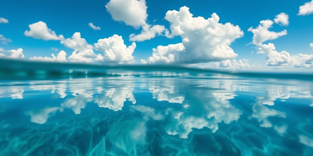 create an image of a serene ocean scene with clear blue skies and fluffy white clouds reflected on the water surface, capture with a Canon EOS R5, 24mm lens, f/8 aperture, ISO 100, shot from a low angle to emphasize the reflection and depth, using natural lighting to enhance colors and clarity