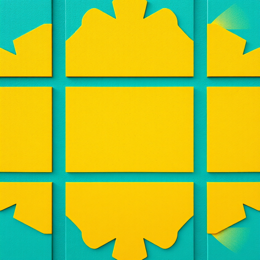 Create a vibrant geometric pattern with bright yellow and teal accents, high resolution, shot with a Canon EOS R5, 50mm lens, f/8 aperture, ISO 100, top-down view, and natural light to enhance color saturation and clarity.