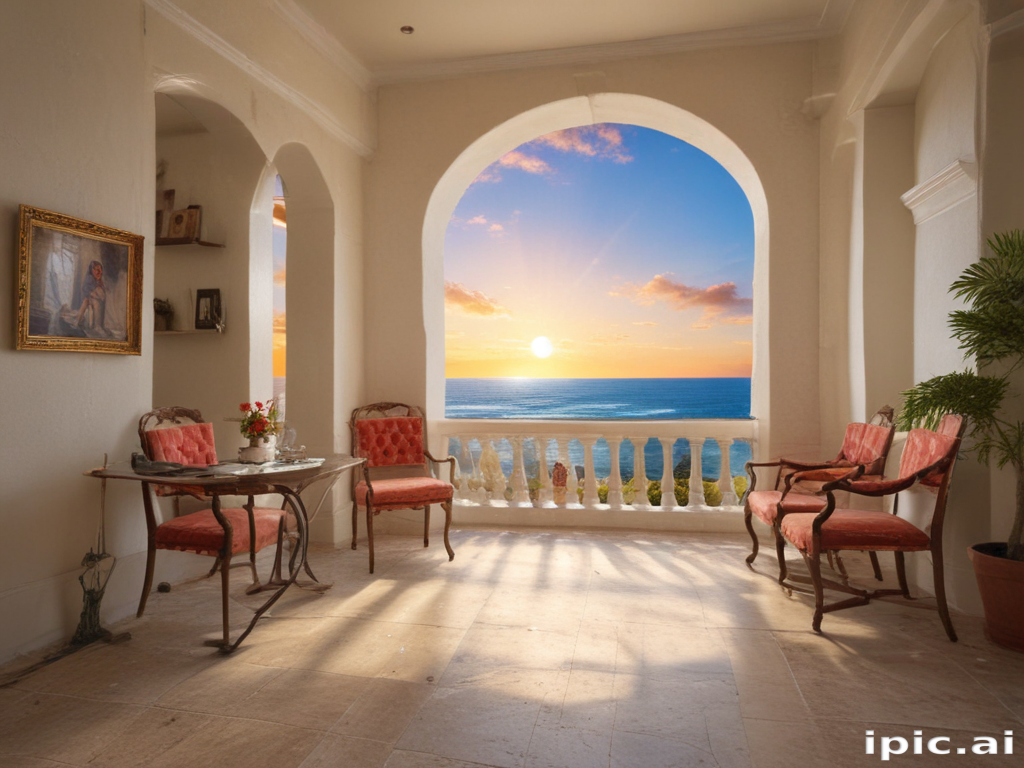 Cozy Coastal Balcony with Stunning Sunset View Over the Ocean