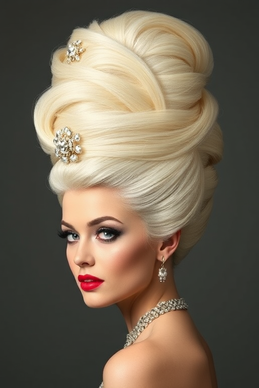 Sophisticated platinum blonde beehive titled Retro Glamour featuring a towering structure of intricately teased and sculpted hair adorned with vintage rhinestone accessories for timeless elegance