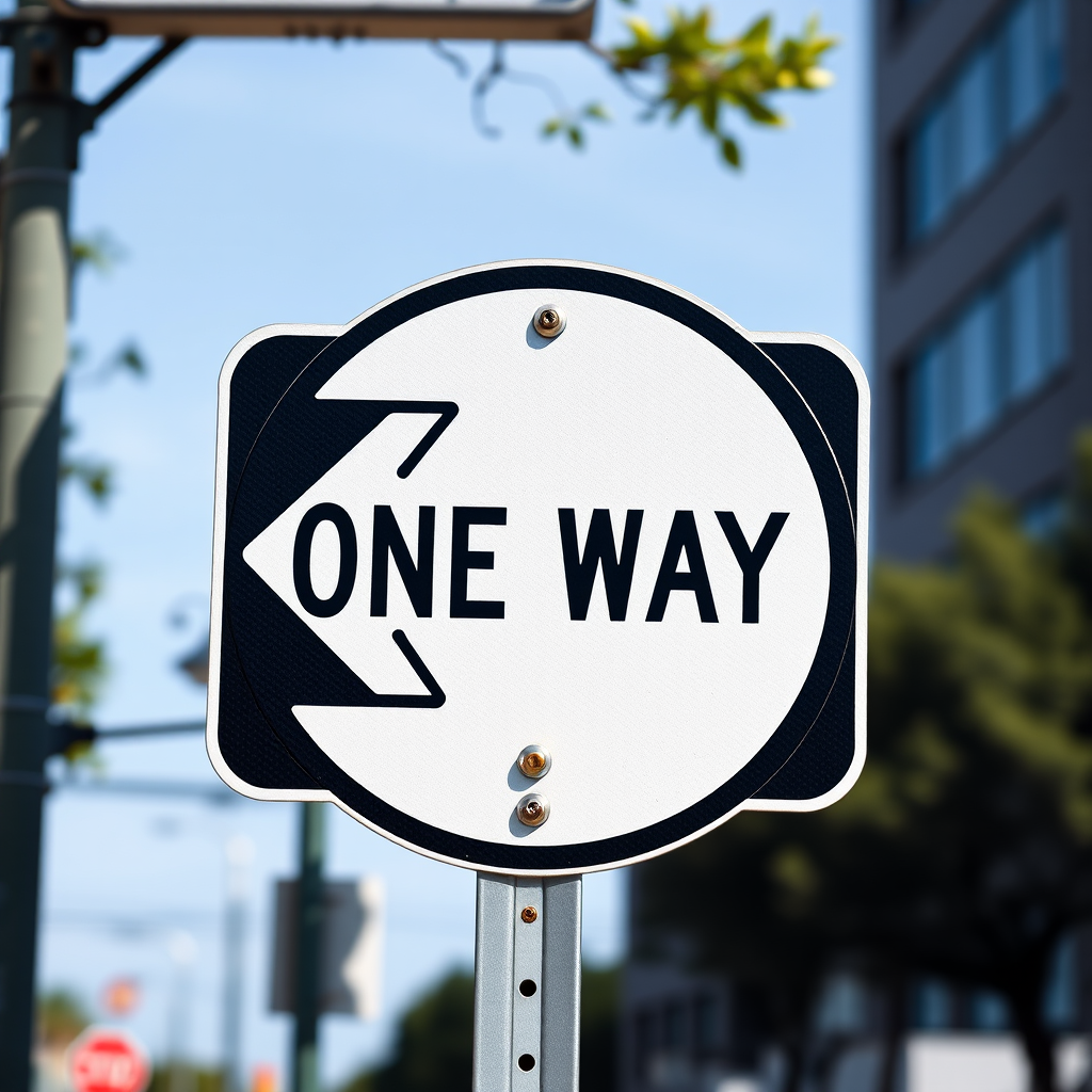 Create a high-resolution image of a one-way street sign with bold, clear lettering, using a DSLR camera at f/8 aperture, ISO 200, 1/250 sec shutter speed, shot in landscape orientation with natural lighting.