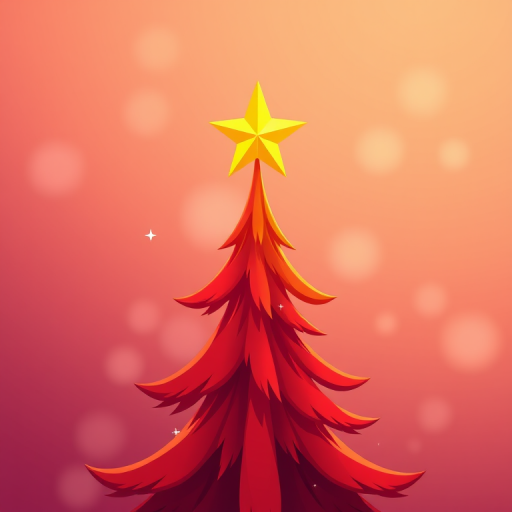Create a vibrant digital illustration of a stylized red Christmas tree with a golden star on top, using a high-resolution setting of 300 DPI, taken from a slightly elevated angle, with a soft-focus background to enhance depth, in a modern vector art style.