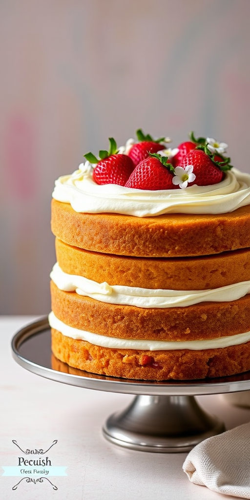Three-layer cake with cream frosting topped with fresh strawberries and small white flowers on a metallic cake stand with a blurred pastel background.