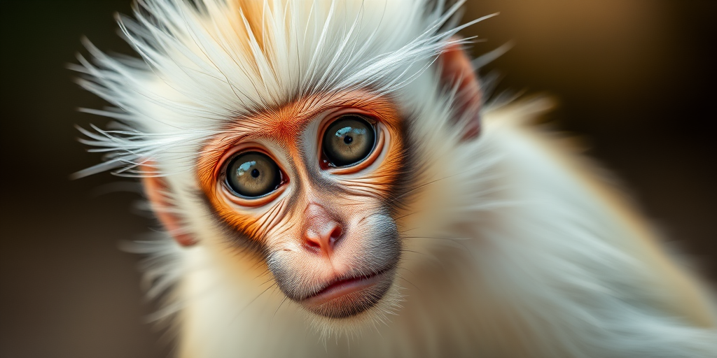 Capture a close-up portrait of a monkey with striking white hair and expressive eyes, using a Canon EOS R5, 85mm f/1.2 lens, ISO 100, aperture f/1.2, shutter speed 1/200 sec, natural light with a shallow depth of field to create a soft background.