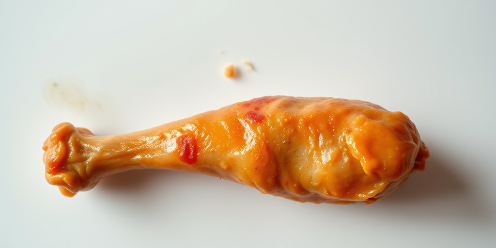 high-resolution image of a single chicken drumstick on a plain background, taken with a DSLR camera at f/2.8 aperture, ISO 100, 1/100 sec shutter speed, top-down view, soft natural lighting
