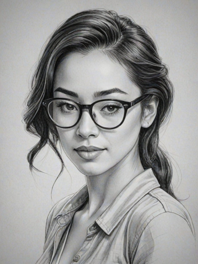 Elegant Aimee Garcia, pencil sketch, portrait of Alluring woman 1954s in glasses, hair style beatnik, outline, clear lines, fine lines, 8k