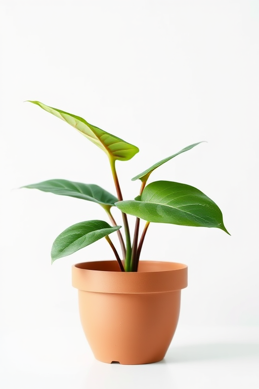 create a vibrant digital illustration of a potted plant with two large green leaves, use a soft focus effect, shot with a Canon EOS R5 at f/4, ISO 100, 50mm lens, frame the plant centrally against a minimalist white background to enhance detail and color saturation