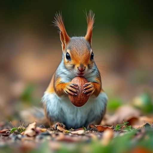 a close-up shot of a squirrel sitting on the ground holding a nut, with sharp focus on the animal and a softly blurred background, Canon EOS R5, 85mm lens, f/2.8 aperture, ISO 200, 1/250 sec, natural light, macro photography style