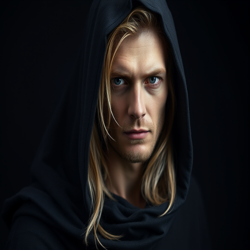 portrait of a male with long light hair wearing a dark hooded cloak, soft dramatic lighting, intricate details on the fabric, shallow depth of field, studio lighting, Canon EOS R5, 50mm f/1.2 lens, ISO 100, aperture f/1.2, 1/200 sec exposure time